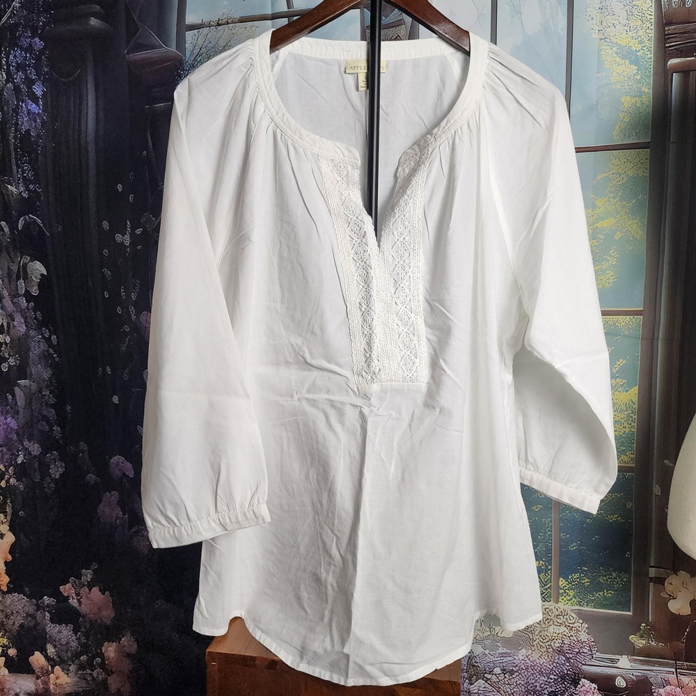 L White Peasant Style Tunic by Appleseeds, 100% Cotton